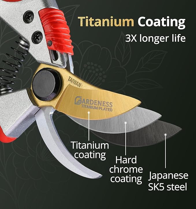 Gardeness Titanium Bypass Pruning Shears- SK5 Steel Garden Clippers For Gardening, Florist cutters-Floral Secateurs with Soft Comfort Grip Handles for Trimming Flowers, Branches, Shrubs and Plants