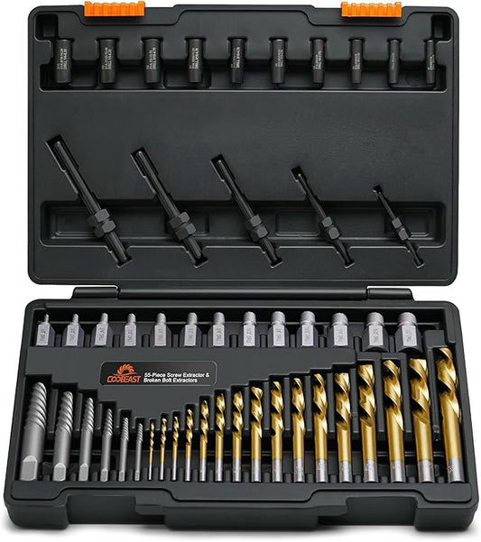 55pcs Screw Extractor Set for Men's Gift, Easy Out Screw Extractor Kit with HSS Steel Reverse Drill Bit for Removing Broken Stripped Screws, Studs, Fittings and Lugs Extraction
