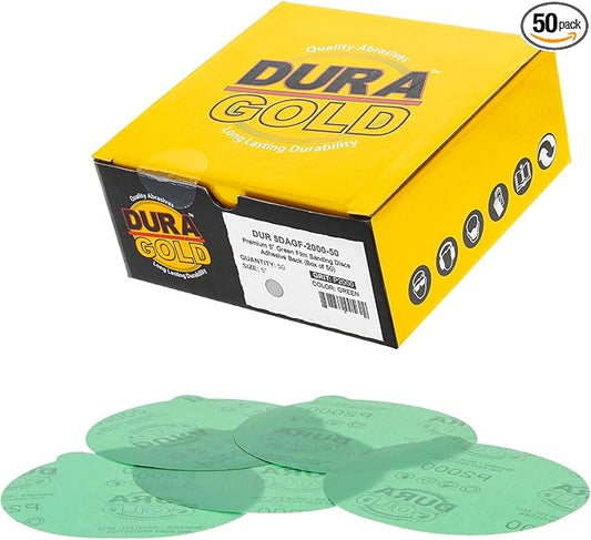 Dura-Gold Premium 5" Green Film PSA Sanding Discs - 2000 Grit (Box of 50) - Film Back Self Adhesive Stickyback Sandpaper Discs for DA Sander, Finishing Abrasive, Sand Automotive Paint Woodworking Wood