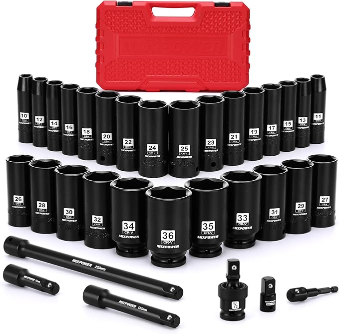 MIXPOWER 33 PCS 1/2??Drive Impact Socket Set, 10 to 36mm Deep Socket, 6-Point Hex Socket with Portable Case,Metric,CR-V&CR-MO Steel