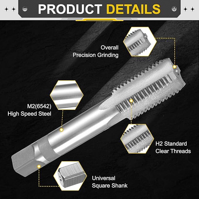 uxcell Hand Plug Tap M22 x 2.5 H2 Metric Thread Plug Style Taps Straight Flute Screw Tapping Threading Tool High Speed Steel HSS6542