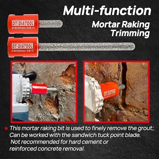 DT-DIATOOL Diamond Mortar Raking Bit for Brick Joints Stone Masonry Granite Diameter 5/16"x4" (8x100mm), 5/8 inch-11 Thread Router Bit 2pcs