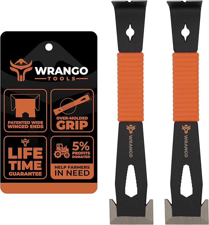 Wrango Tools 9.5" Trim Bar Pry Bar - Patented Small Pry Bar with Bolt Remover & Nail Puller for Home Improvement & Construction - Flat Bar with Shock-Absorbing Grip & Wide Winged Ends, 2pk