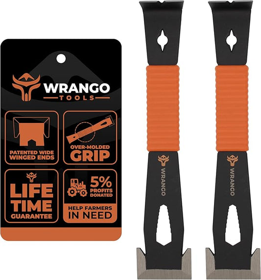 Wrango Tools 9.5" Trim Bar Pry Bar - Patented Small Pry Bar with Bolt Remover & Nail Puller for Home Improvement & Construction - Flat Bar with Shock-Absorbing Grip & Wide Winged Ends, 2pk