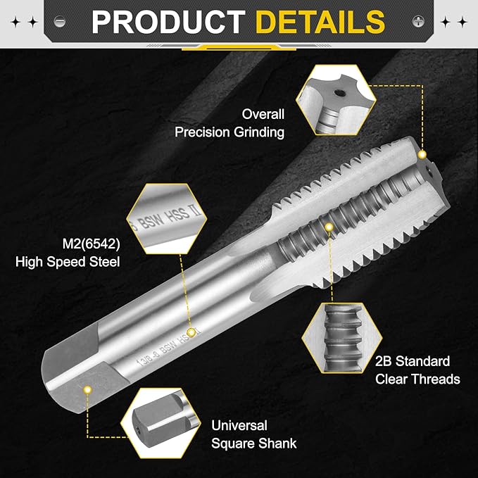 uxcell Hand Plug Tap 1-3/8"-6 BSW 2B Thread Plug Style Taps Straight Flute Screw Tapping Threading Tool High Speed Steel HSS6542