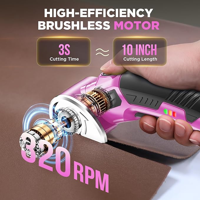 Cordless Electric Scissors: 4V Rechargeable Rotary Cardboard Cutter, 3000mAh Battery, with LED Light & Safety Lock, 2 Blades, Electric Box Cutter for Fabric Carpet Carton Plastic Leather Cloth (Pink)