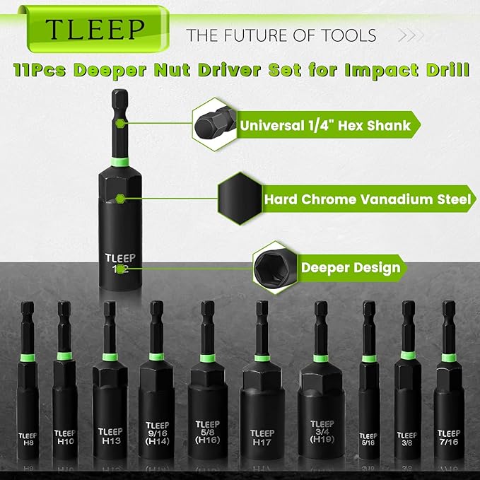 Deep Nut Driver Set for Impact Drill w/Wing Nut Driver Bit, Sae/Metric 80MM Deep Nut Driver Bits, 1/4" Quick Change, 8mm 10mm 13mm 9/16”(14mm) 5/8”(16mm) 17mm 3/4”(19mm) 5/16” 3/8” 7/16” 1/2”