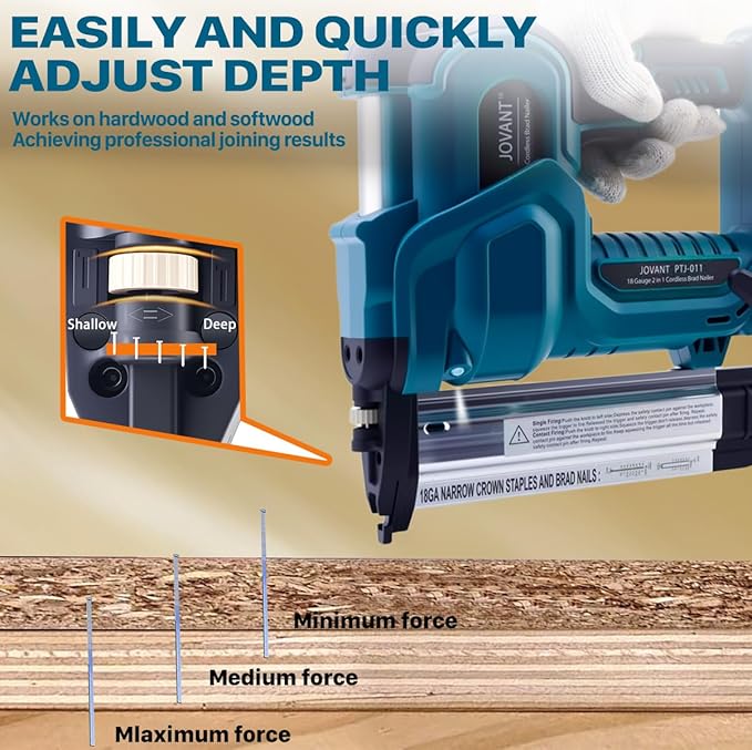 Brad Nailer Electric, 18 Gauge Brad Nail Gun, 2-in-1 Brad Nailer with 800pcs Nails&Staples, Nail Gun with 2횞2.0Ah Batteries, for Woodworking, Home Improvement JOVANT