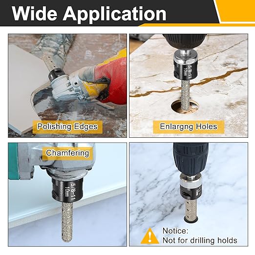 HARFINGTON 2pcs Diamond Finger Bit 10mm Dia Dry Core 2 Holes with 5/8"-11 Thread Diamond Chamfer Bit for Enlarging Shaping Milling Existing Holes on Porcelain Tile Ceramic Countertop,Black