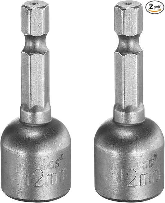HARFINGTON 2pcs Nut Driver Drill Bit 12mm Metric Socket 1/4" Hex Shank 1.89" (48mm) Long Magnetic 6-Point Sockets Quick Change CR-V Steel Bolt Setters for Power Drill Drivers