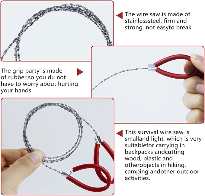 4 Pcs Stainless Steel Cable Saw, Metal Wire Saws Hand Pocket String Rope Saw, Emergency Survival Saws for Wood Camping Hiking Hunting Red and Black 23.62 Inch