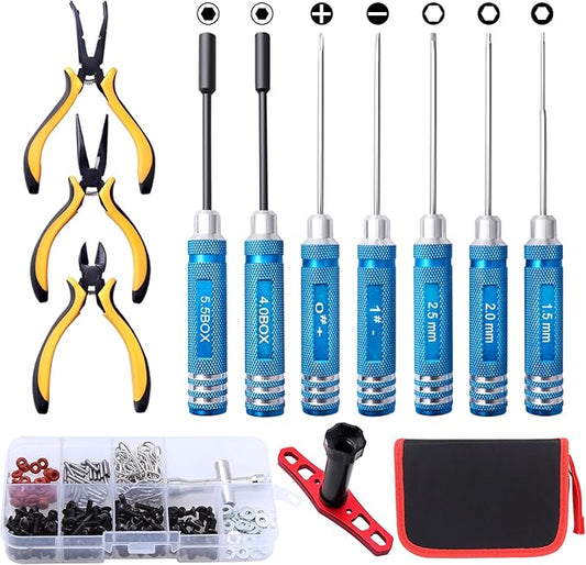 13-in-1 RC Tools Kits Box Set, RC Screw Kit, Hex Phillips Flat Nut Drivers, Pliers, Wrench, Repair Tools Screwdriver Set for Traxxas Arrma Axial Redcat Losi RC Model Car Drone Boat