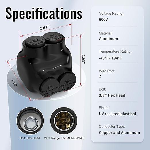 Black Electrical Cable Connectors 2 Port Insulated Multi Tap Connector 350MCM-6AWG Aluminum Wire Connector Single-Sided Entry 3/8" Allen Hex - 6 Pack