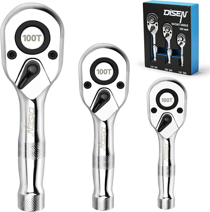 DISEN 3-Piece Stubby Ratchet Set ??1/4", 3/8", 1/2" Drive | 100-Tooth Ratchet with EVA Storage Tray | Quick Release Button | Non-Slip Grip | Reversible 3.6째 Design for Tight Spaces, Chrome Finish