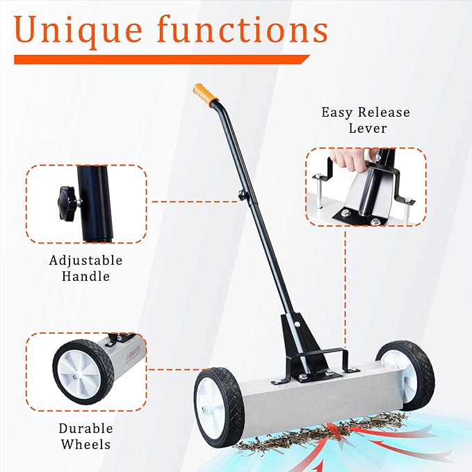 18-INCH Nail Magnetic Sweeper, Heavy Duty industrial Magnetic Sweeper, Rolling Magnetic Pickup Tool, Telescoping Magnet for Cleaning