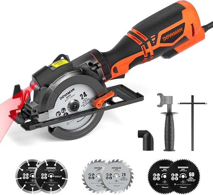 DOVAMAN Circular Saw, 5.8A 4-1/2" Circular Saw w/Laser, Metal Auxiliary Handle, 6 Blades (4½", 4¾"), Cutting Depth 1-11/16" (90°), 1-3/8" (45°), Ideal for Wood, Soft Metal, Plastic, Tile - MCS01A