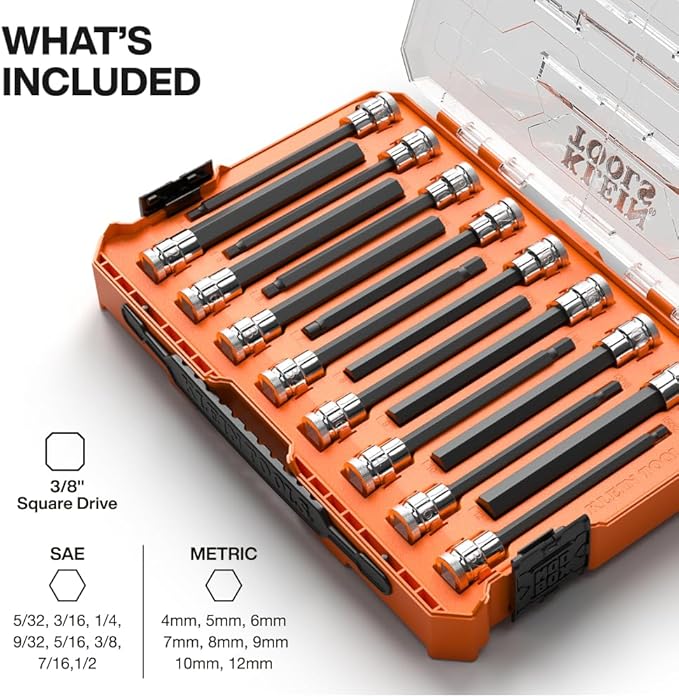 Klein Tools 652216HEXL Long Hex Bit Socket Set, 16-Piece, SAE and Metric Socket Set, Long Hex Bits, MODbox Case