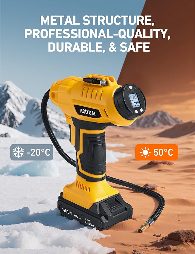 AstroAI Cordless Tire Inflator Air Compressor 20V Rechargeable Battery Powered 160PSI Portable Air Pump with 12V Car Power Adapter Digital Pressure Gauge for Cars Motorcycles JY16P160-18竊뉱2竊뎋ellow