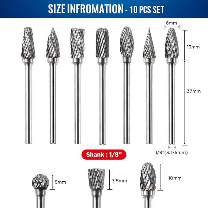 Tungsten Carbide Burr Set Die Grinder Bits 1/8" Shank 10Pcs - Double Cut Rotary Burr for Metal Deburring, Finishing, Carving, Grinding, Polishing, Engraving, Drilling