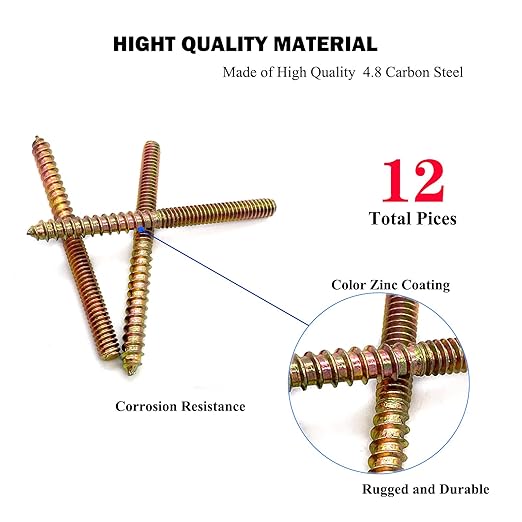 12 Pack 1/4-20 x3 Inch Hanger Bolts 1/4-20" Double Headed Bolts 1/4 Wood Dowel Screw Self-Tapping Screw Hanger Bolts for Furniture Double Head Threaded Rods Bolt 76.2mm Length