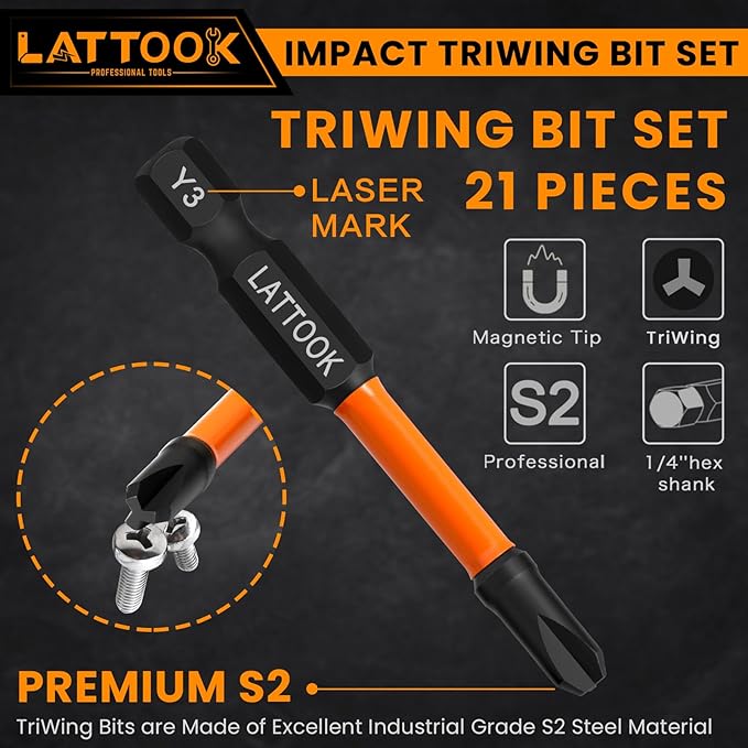 Impact TriWing Bit Set, LATTOOK 21-Pieces Triwing Screwdriver Bits Set 3 Point Y-Shaped Y Tip Screwdriver Bit, Magnetic S2 Steel, Y000, Y00, Y0, Y1, Y2, Y2.5, Y3, Y4, Y5, Y6