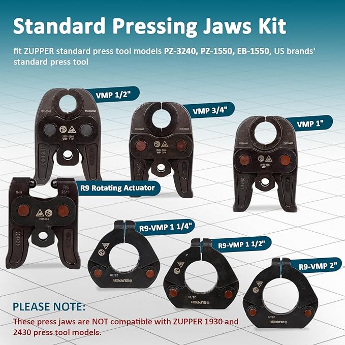 ZUPPER 7PCS MegaPress Pressing Kit 1/2??2??with 3PCS Pressing Jaws,3PCS Press Rings, 1PC Actuator for Carbon Steel Pipes Compatible with Standard Pressing Tools