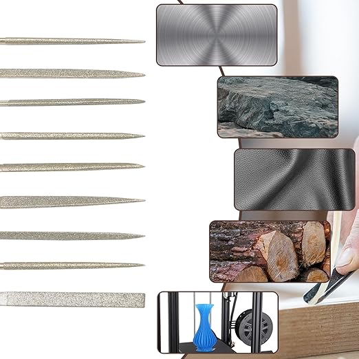 Hordion 10 Pcs Mini Diamond File Set, 2x100mm Small Needle Files Jewelers File for Glass Wood Stone Jewelry Metal, Includes Round Oval Triangular Square Flat Leaf Shape