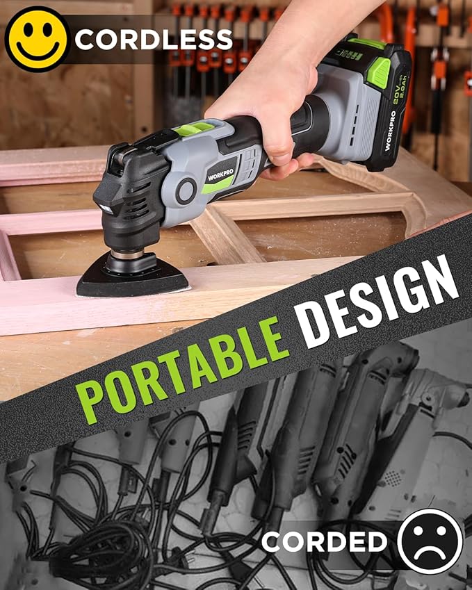 WORKPRO 20V Oscillating Tool Kit, Cordless and Brushless 19,000 RPM Orbiting Multi Tool with 6 Variable Speeds, 3.6째Oscillation Angle, 21pcs Saw Accessories, 1 Rechargeable Battery and Carrying Bag