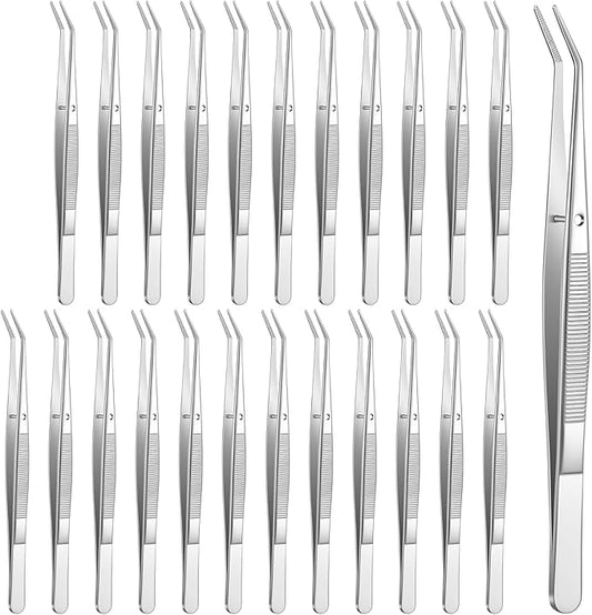 24Pcs Stainless Steel Tweezers with Curved Serrated Tip, 6Inch Long Tweezer for Crafting, Non-Slip Sewing Machine Tweezers High Precision Multipurpose Tweezer for Craft Sewing (Silver)