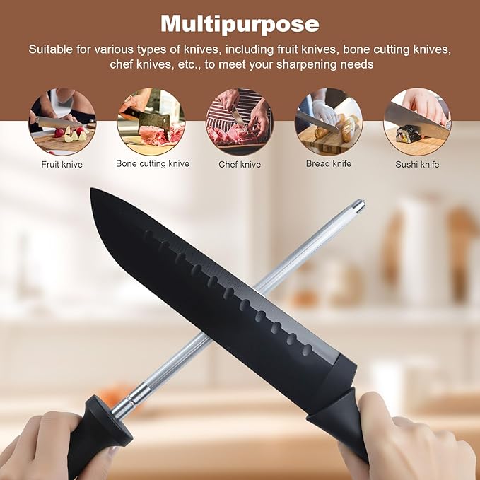 12 Inches Knife Sharpening Steel Rod, High Carbon Steel Honing Rod with 9 Inches Sharpening Steel and Ergonomic PP Handle, Premium Kitchen Knife Sharpener for Chefs and Home Cooks Use