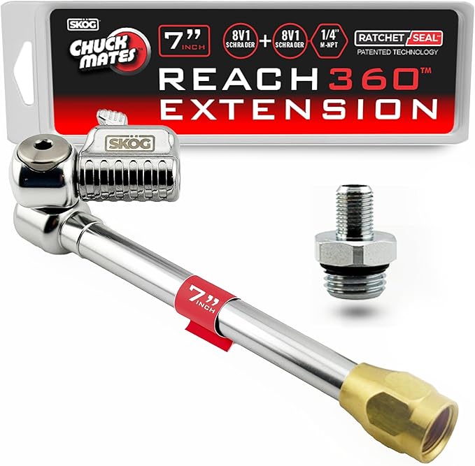 SK횜G Chuck Mates Reach360 Articulating 7-inch Extension for Tire Inflators | 1/4" F-NPT & Schrader Adapter | Dually Trucks RV Bicycle Car Semi
