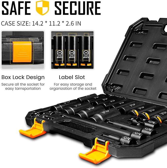 BOEN Pro 20-Piece 1/2" Drive Deep Impact SAE Socket Set, 3/8"-1-1/4", CR-MO & CR-V Steel, Upgraded Torque & Durability, Includes Extensions, Joint, Adapter ??Meets ANSI