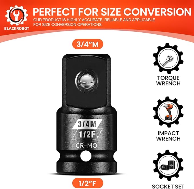BLACKROBOT 1/2?쒯 To 3/4?쒶 Impact Socket Adapter, Cr-Mo Steel Exceeds ANSI Standards, Square Drive Reducer for Impact Driver Wrench