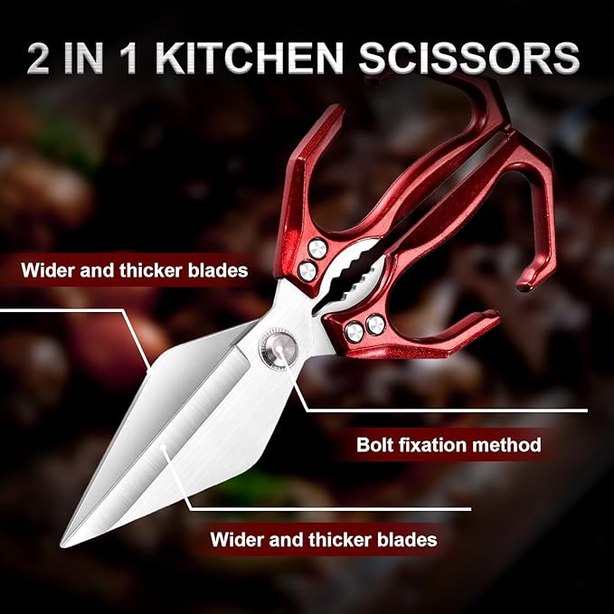 Kitchen Scissors for Food Heavy Duty Poultry Shears Built-In Nutcracker, Japanese High-Carbon Steel Culinary Shears with Ergonomic Handle, All Purpose Kitchen Tool for Chicken, Meat & Seafood (Red)