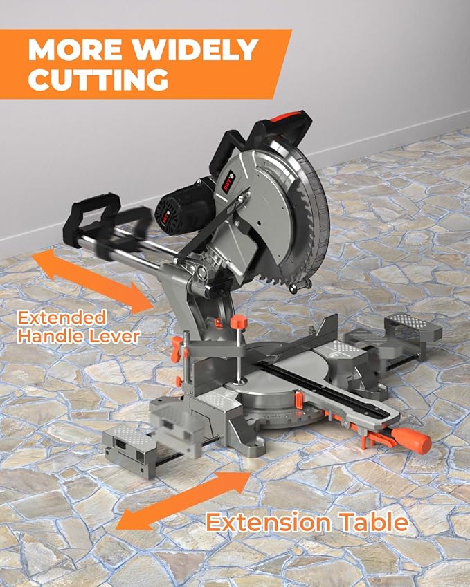 DWT 12-inch Compound Miter Saw with Double Bevel Cutting (-45/0/+45), Laser Guide, 9 Positive Stops, 3800RPM, 15Amp Miter Saw with Extension Table, 4.2x13in Cutting Capacity