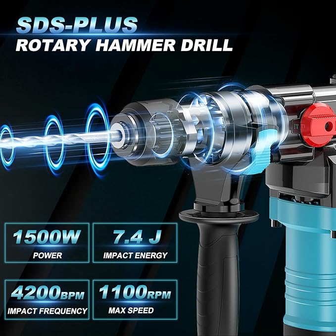 1-1/4" SDS-Plus Rotary Hammer Drill, 12.5 Amp Heavy Duty Rotary Hammer, 3 Functions with Safety Clutch, 6 Speed, Corded Rotomartillo for Concrete, Drill Bits, Flat/Point Chisels Included