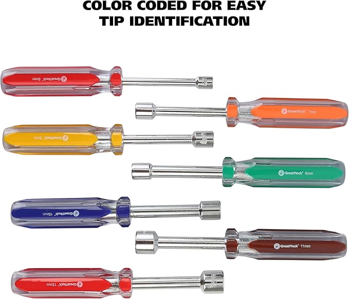 GreatNeck ND71 7-Piece Metric Nut Driver Set, Chrome Vanadium Steel Nut Drivers, Rust-Resistant Finish Nut Drivers Set, Acetate Nut Driver Handle, Color-Coded for Quick Identification