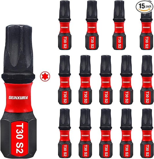15 Pieces T30 Impact Tough Magnetic Screwdriver Bit Set, 1 In. #30 Torx Head Insert Bit Set, S2 Alloy Steel T30 Star Bit Set
