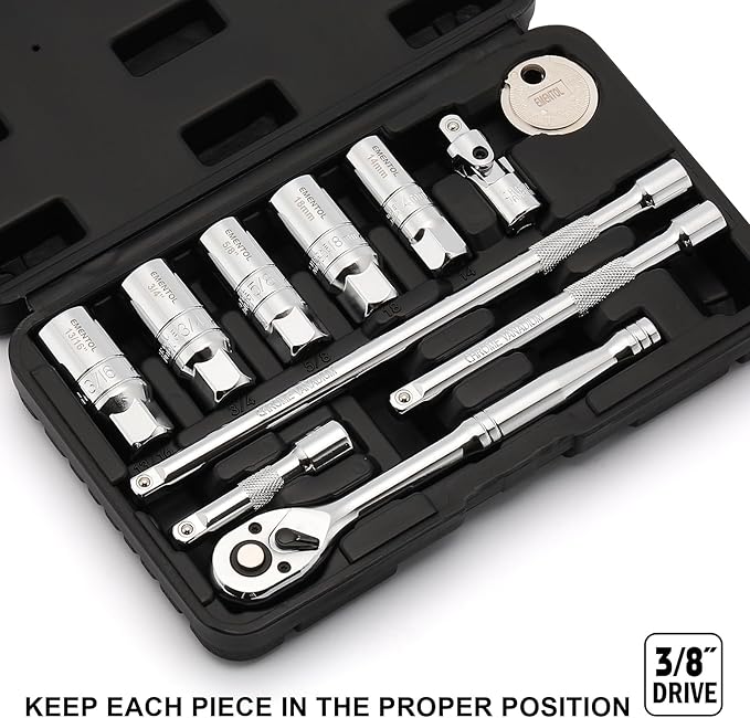EMENTOL 11PCS 3/8" Drive Socket Accessory Set, SAE/Metric, 6 Point Spark Plug Sockets, Universal Joint, Extension Bar, Ratchet Wrench, Spark Plug Gap Gauge