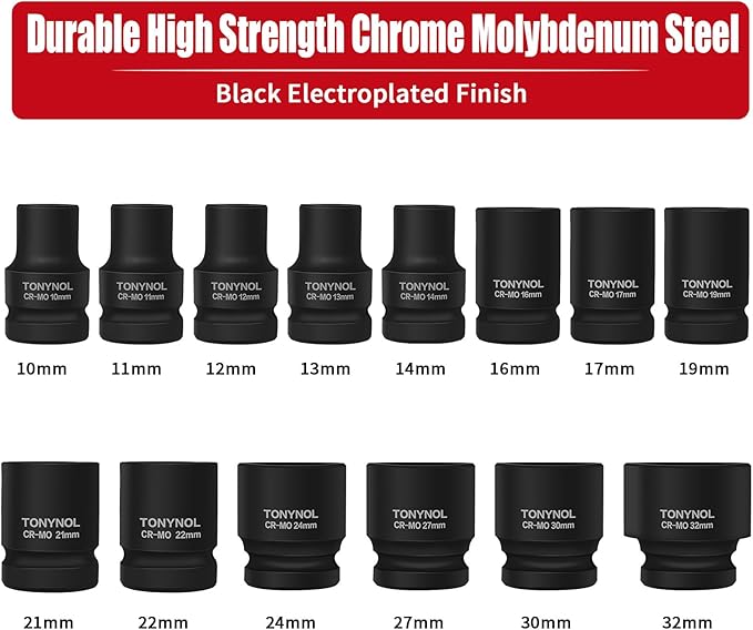 1/2 Inch Shollw Drive Impact Socket Set,6-Point,Metric (10mm-32mm),14 Pcs,Cr-Mo Steel,With a Storage Case