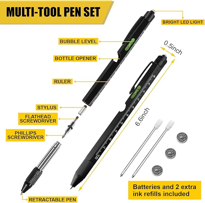 Christmas Stocking Stuffers Gifts for Men, White Elephant Gifts for Adults Dad Boyfriend Him Husband, 9 in 1 Multitool Tool Pen Set, Screwdriver, LED Light, Stylus, Bottle Opener, Ruler, Level(Black)