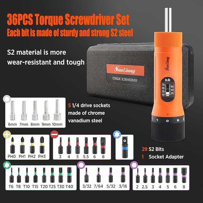 36Pcs Torque Screwdriver Wrench Driver Set 10-70 Inch Pounds lbs with 29 S2 Bits竊? Drive Sockets 竊?/4" Socket Adapter for Maintenance,Tools, Bike Repairing and Mounting.