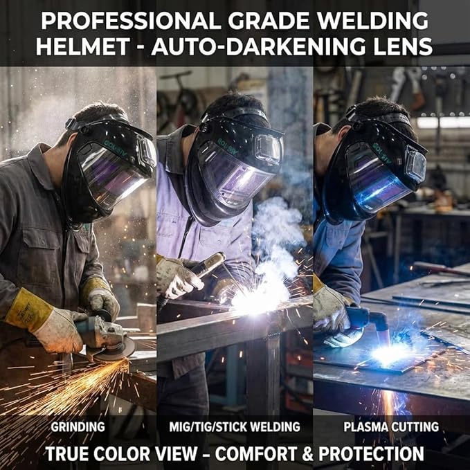 WHA100 Auto Darkening Welding Helmet-CE EN175 Certification-Solar&Battery Power-4 Sensors，0.04ms Response Time-Optical grade 1/1/1/2-True Color Wide View Screen-Shade 8~12 for SMAW, MIG, TIG, GTAW