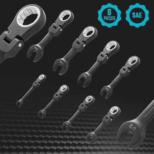 DURATECH Stubby Flex-head Ratcheting Combination Wrench Set, SAE, 8-piece, 5/16" to 3/4", CR-V Steel, Black Electrophoretic Coating, with Rolling Pouch
