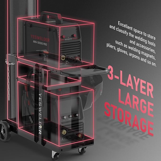 YESWELDER Welding Cart for TIG MIG Welder and Plasma Cutter,Three-Layer Welder Cart,Tank Storage Safety Chains, Heavy Duty Large Storage 360째 Rolling Welding Trolley