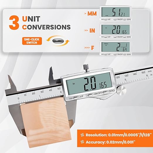 HARDELL Digital Caliper, Rechargeable Calipers with Large LCD Screen, Stainless Steel Caliper Measuring Tool, Auto-Off, Inch/MM/Fraction for DIY/Household/3D-printing