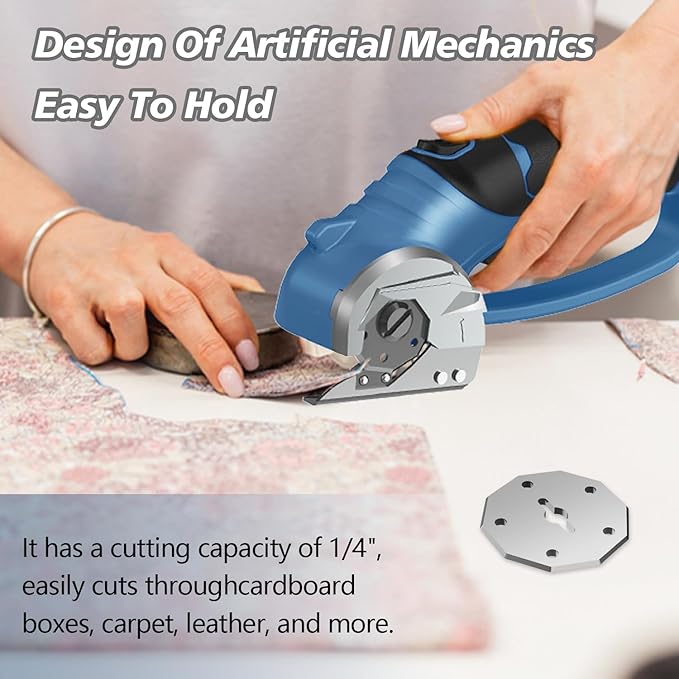 Cordless Electric Scissors, 4V Rechargeable Box Cutter & Cardboard Cutter with Titanium Blade, LED Light, Safety Lock - Rotary Cutter for Fabric, Leather, Carpet, Plastic, Crafting, Sewing(Slate Blue)