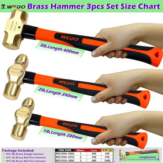WEDO 3PCS Hammer Set, 3lb Sledge Hammer,1lb Ball Pein Hamme,2lb Ball Pein Hammer,Brass,Fiberglass Handle,Die-Forge,Corrosion Resistant