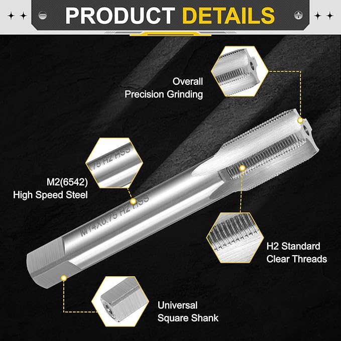 uxcell Hand Plug Tap M14 x 0.75 H2 Metric Thread Plug Style Taps Straight Flute Screw Tapping Threading Tool High Speed Steel HSS6542