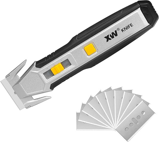 XW Heavy Duty Scraper Utility Knife with Safety Box Cutter, 2-in-1 Tool with 10 Spare SK2 Blades in Storage
